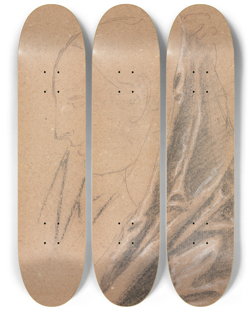 Triptych art skateboard deck of Francesco Lorenzi Verona Sketchbook Female Head With Drapery Page 81 by Francesco Lorenzi (1723-1787)