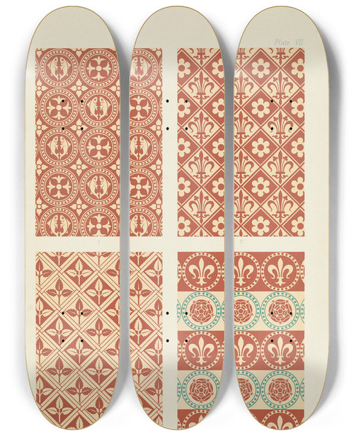Triptych art skateboard deck of George Ashdown Audsley Polychromatic Decoration As Applied To Buildings In The Medival Styles Pl07 by George Ashdown Audsley (1838-1925)