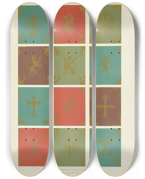 Triptych art skateboard deck of George Ashdown Audsley Polychromatic Decoration As Applied To Buildings In The Medival Styles Pl11 by George Ashdown Audsley (1838-1925)
