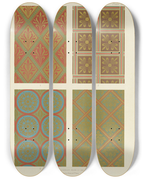 Triptych art skateboard deck of George Ashdown Audsley Polychromatic Decoration As Applied To Buildings In The Medival Styles Pl13 by George Ashdown Audsley (1838-1925)