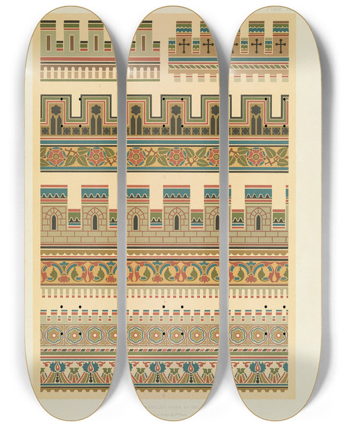 Triptych art skateboard deck of George Ashdown Audsley Polychromatic Decoration As Applied To Buildings In The Medival Styles Pl20 by George Ashdown Audsley (1838-1925)