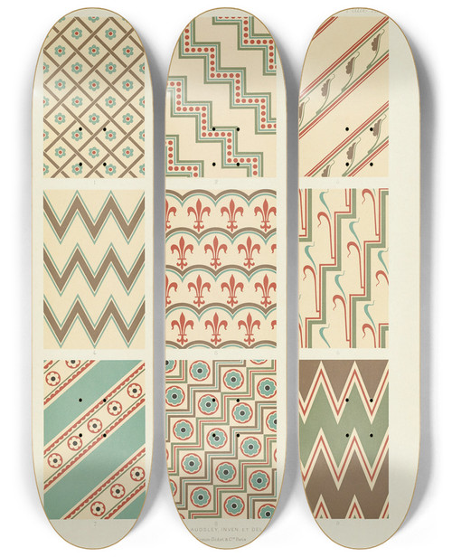 Triptych art skateboard deck of George Ashdown Audsley Polychromatic Decoration As Applied To Buildings In The Medival Styles Pl22 by George Ashdown Audsley (1838-1925)