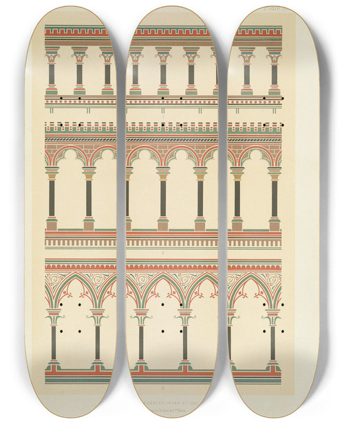 Triptych art skateboard deck of George Ashdown Audsley Polychromatic Decoration As Applied To Buildings In The Medival Styles Pl25 by George Ashdown Audsley (1838-1925)