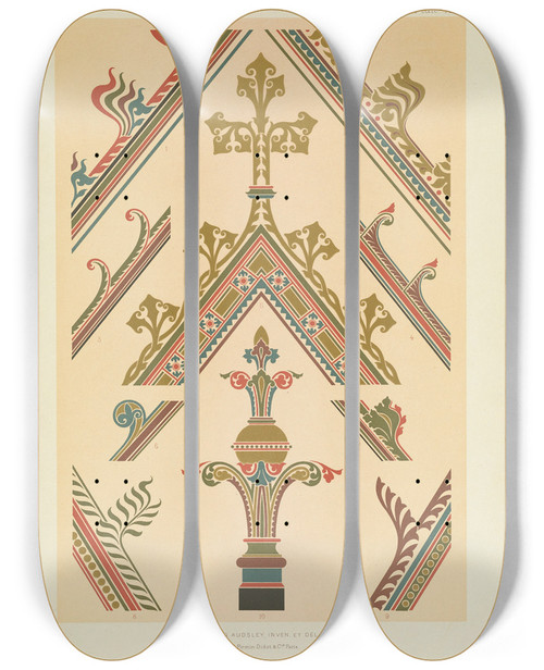 Triptych art skateboard deck of George Ashdown Audsley Polychromatic Decoration As Applied To Buildings In The Medival Styles Pl26 by George Ashdown Audsley (1838-1925)