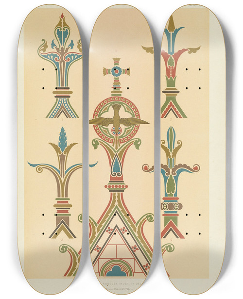Triptych art skateboard deck of George Ashdown Audsley Polychromatic Decoration As Applied To Buildings In The Medival Styles Pl27 by George Ashdown Audsley (1838-1925)