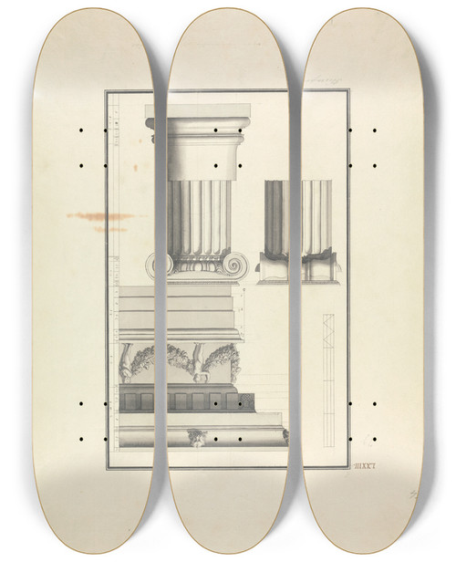 Triptych art skateboard deck of Giovanni Battista Borra Details Of An Ionic Capital Column And Frieze From Hierapolis Now Pamukkale by Giovanni Battista Borra (1713-1770)