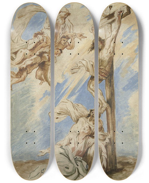 Triptych art skateboard deck of Giovanni Benedetto Castiglione Christ On The Cross by Giovanni Benedetto Castiglione (1609-1664)