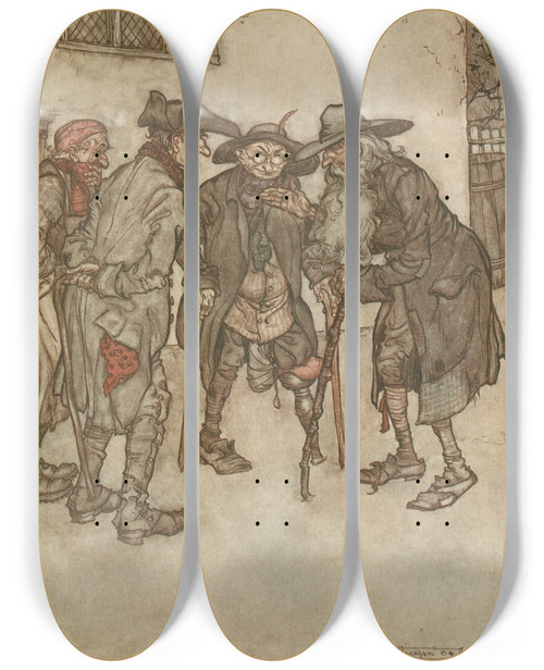 Triptych art skateboard deck of Arthur Rackham They Crowed Round Him Eyeing Him From Head To Foot With Great Curiosity by Arthur Rackham (1867-1939)