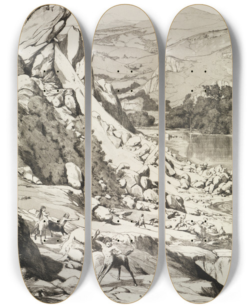 Triptych art skateboard deck of Max Klinger Bergsturz Intermezzi Opus Iv Blatt 6 by Max Klinger (1857-1920)