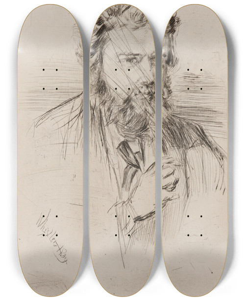 Triptych art skateboard deck of James Abbott Mcneill Whistler Astruc Editor Of L Artiste by James Abbott Mcneill Whistler (1834-1903)
