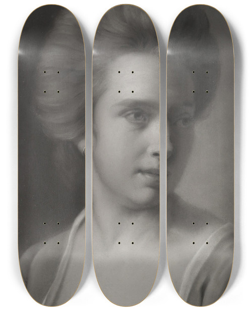 Triptych art skateboard deck of Joseph Wright Of Derby Portrait Of A Woman Her Head Turned To The Right Wearing An Earring by Joseph Wright Of Derby (1734-1797)