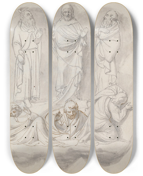 Triptych art skateboard deck of John Flaxman The Transfiguration From Lorenzo Ghibertis Baptistery Doors Florence by John Flaxman (1755-1826)