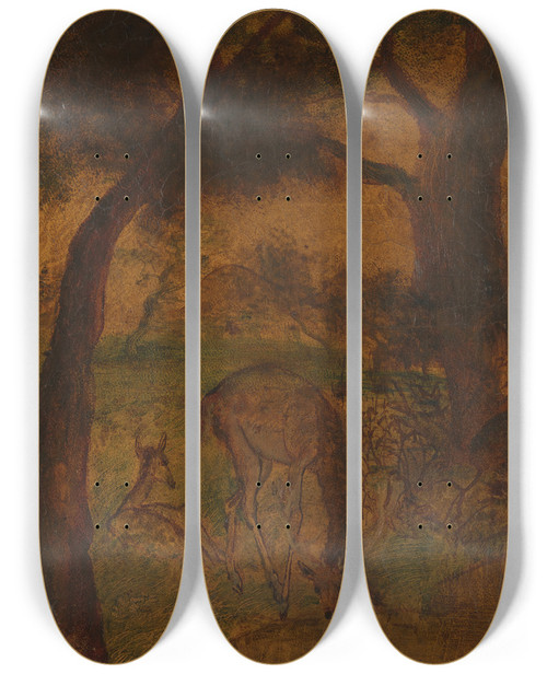 Triptych art skateboard deck of Albert Pinkham Ryder A Stag Drinking by Albert Pinkham Ryder (1847-1917)