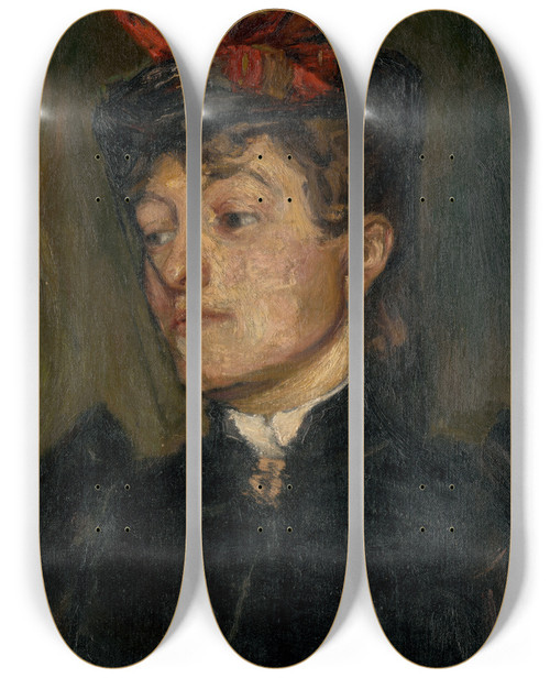 Triptych art skateboard deck of Jozef Hanula Head Of A Lady In A Hat_2 by Jozef Hanula (1863-1944)
