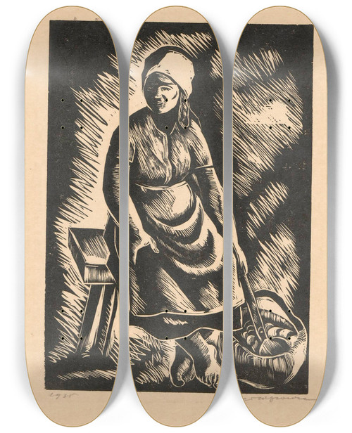 Triptych art skateboard deck of Wacaw Wsowicz Dziewczyna Z Koszem by Waclaw Wasowicz (1891-1942)