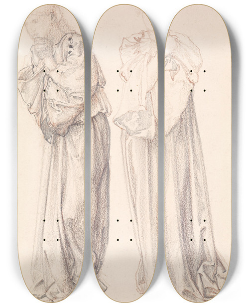 Triptych art skateboard deck of Sir Edward Coley Burnejones St George Series Two Studies Of Female Attendants For The Princess Draws The Fatal Lot by Sir Edward Coley Burne-Jones (1833-1898)
