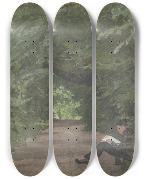 Triptych art skateboard deck of Jan Veth Lezende Man In Boslaan_1 by Jan Veth (1864-1925)