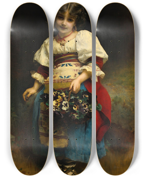 Triptych art skateboard deck of Etienne Adolphe Piot A Basket Of Flowers by Etienne Adolphe Piot (1825-1910)