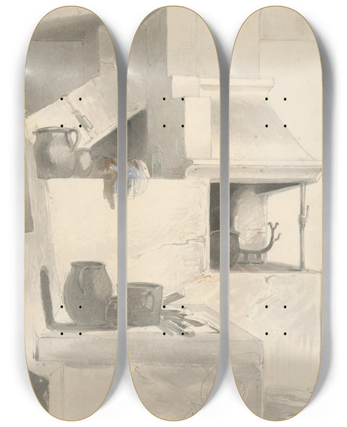 Triptych art skateboard deck of Friedrich Carl Von Scheidlin Sketch Of Fireplace With Kitchen Utensils by Friedrich Carl Von Scheidlin (1822-1913)