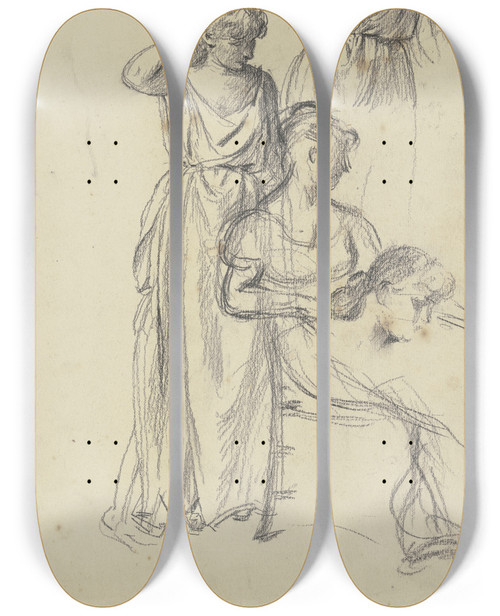 Triptych art skateboard deck of Otto Scholderer Sitzende Und Stehende Aus Der Vorbereitung Zum Kostmball_2 by Otto Scholderer (1834-1902)