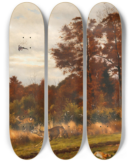 Triptych art skateboard deck of Otto Recknagel A Hunting Scene At The Edge Of The Woods by Otto Recknagel