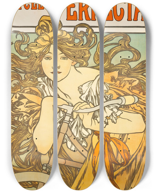 Triptych art skateboard deck of Alphonse Mucha Cycles Perfecta by Alphonse Mucha (1860-1939)