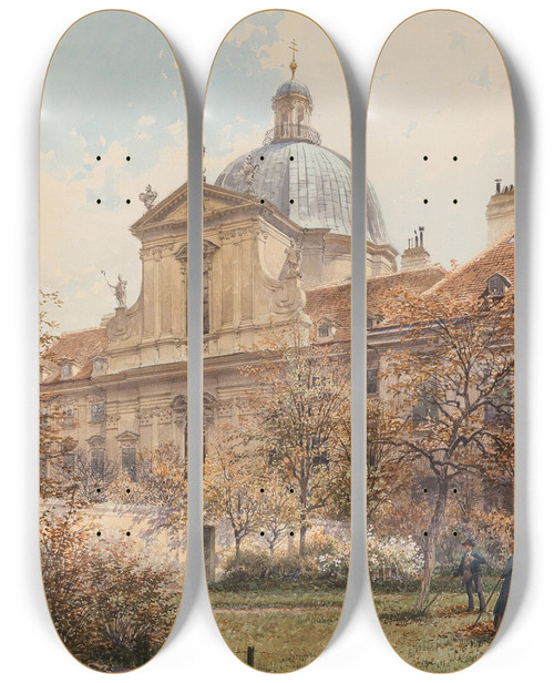 Triptych art skateboard deck of Richard Moser A View Of The Church And Monastery Of The Visitation Of The Virgin Church Of The Salesian Sisters A Gardener In The Foreground by Richard Moser (1874-1924)
