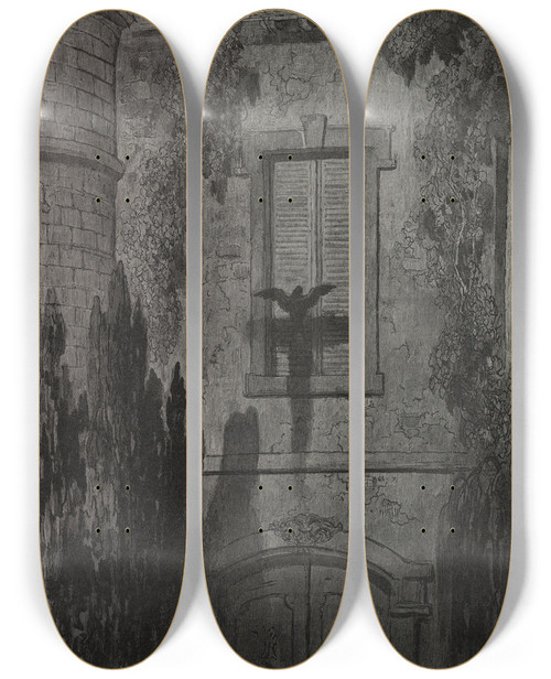 Triptych art skateboard deck of Gustave Dor The Raven Pl11 by Gustave Dore (1832-1883)