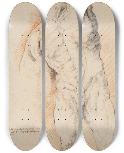 Triptych art skateboard deck of Willem Panneels Anatomical Study Corch Front View Of Standing Flayed Man His Left Arm Raised by Willem Panneels (1600-1634)