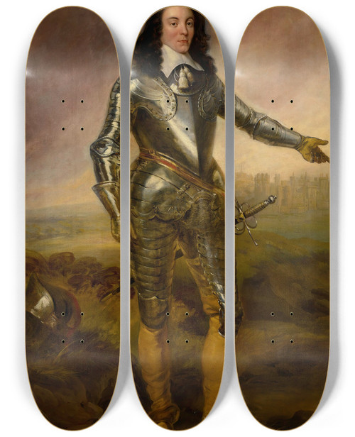 Triptych art skateboard deck of English School Portrait Of A Gentleman Probably Captain Joseph Poole Of Sykehousewearing Armor And Standing In A Landscape by English School