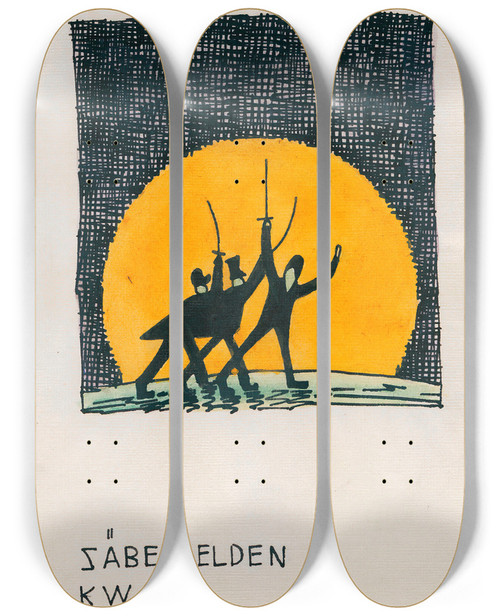 Triptych art skateboard deck of Karl Wiener Sbelhelden by Karl Wiener (1901-1949)