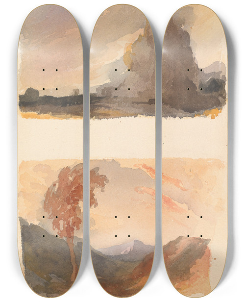 Triptych art skateboard deck of Thomas Sully Landscape With Large Cliff In Foreground Cuyps Principle No 3 Landscape With Tree In Foreground Mountains In Distance Boths Principle by Thomas Sully (1783-1872)