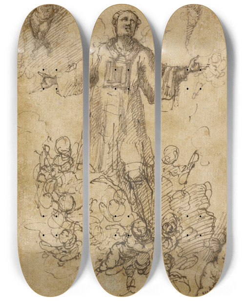 Triptych art skateboard deck of Pedro Atanasio Bocanegra A Male Saint In Glory by Pedro Atanasio Bocanegra (1638-1688)