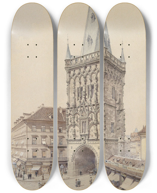 Triptych art skateboard deck of Richard Moser Prag Pulverturm by Richard Moser (1874-1924)