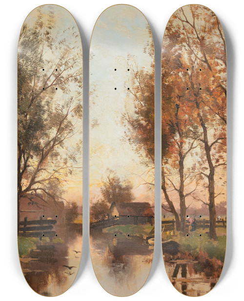 Triptych art skateboard deck of Frederik Jacobus Van Rossum Du Chattel A Waterway by Frederik Jacobus van Rossum du Chattel