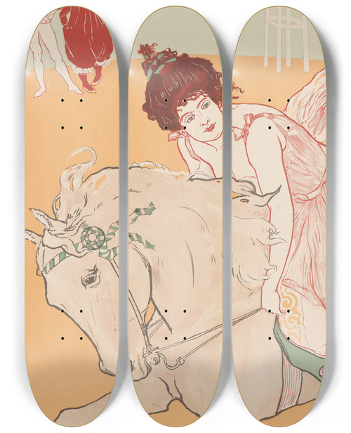 Triptych art skateboard deck of Richard Ranft The Rider Lecuyre by Richard Ranft (1862-1931)