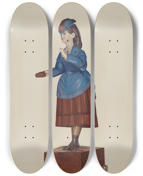 Triptych art skateboard deck of American 20Th Century Cigar Store Figure by American 20Th Century