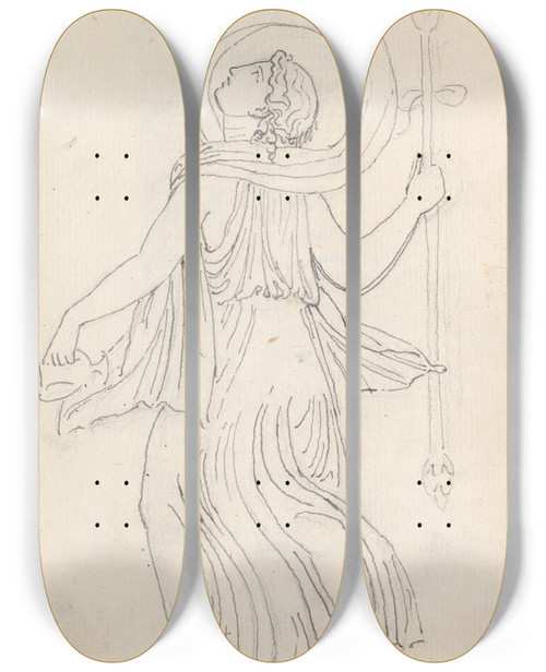 Triptych art skateboard deck of John Flaxman Dancing Maenade With Thyrsus And Small Amphora by John Flaxman (1755-1826)