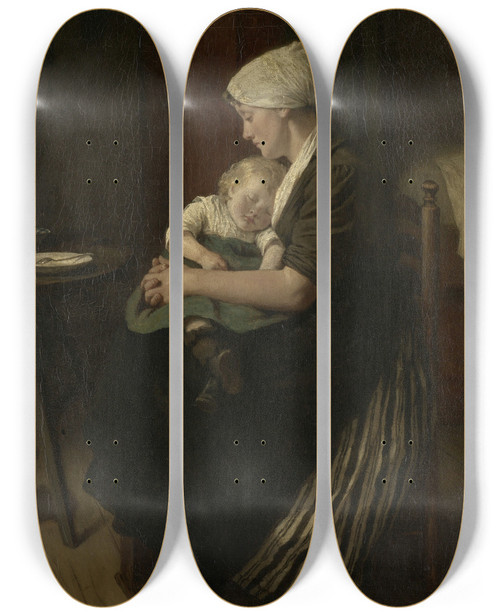 Triptych art skateboard deck of David Adolph Constant Artz Lulled To Sleep by David Adolph Constant Artz (1837-1890)