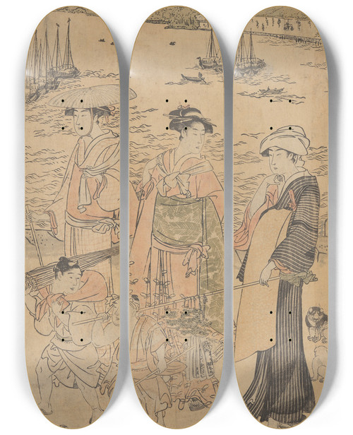 Triptych art skateboard deck of Toyokuni Utagawa Three Women And Two Children By The Water Ships In Background by Toyokuni Utagawa (1769-1825)