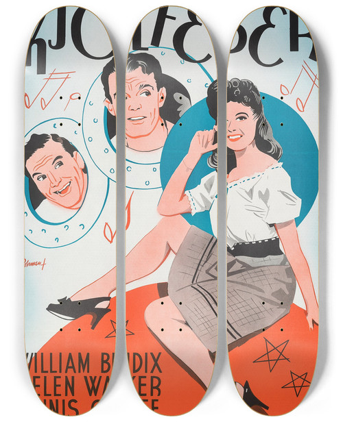Triptych art skateboard deck of Eric Rohman Abroad With Two Yanks by Eric Rohman (1891-1949)