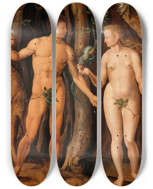 Triptych art skateboard deck of Maarten Van Heemskerck Adam And Eve by Maarten Van Heemskerck (1498-1574)