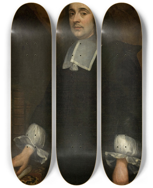 Triptych art skateboard deck of Jan De Baen Portrait Of A Man At The Table Covered With A Carpet by Jan De Baen (1633-1702)