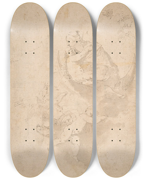 Triptych art skateboard deck of Jusepe De Ribera Virgin And Child On Crescent Moon With Putti by Jusepe de Ribera (1591-1652)