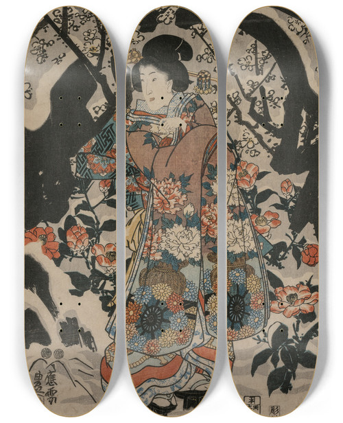 Triptych art skateboard deck of Utagawa Kunisada Toyokuni Iii Woman Standing Beside A Plum Tree by Utagawa Kunisada (Toyokuni III) (1786-1865)