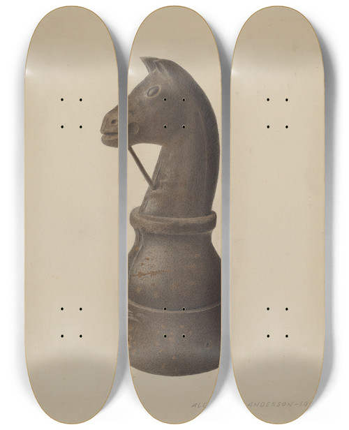 Triptych art skateboard deck of Alexander Anderson Horse Head Hitching Post by Alexander Anderson