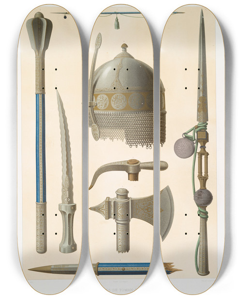 Triptych art skateboard deck of Mile Prisse Davennes Arabesques Armes De Tomanbay Ensembles Et Dtails Xve Sicle by mile Prisse d'Avennes (1807-1879)