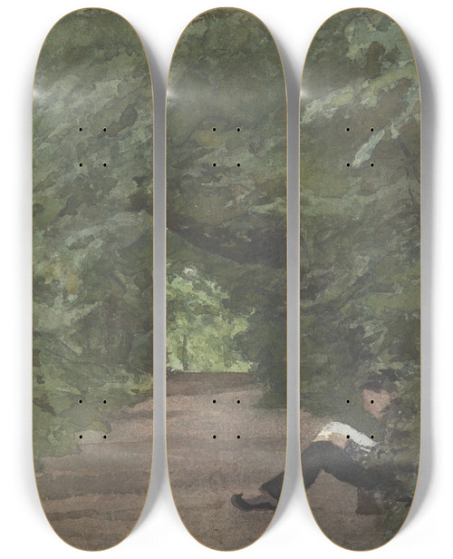 Triptych art skateboard deck of Jan Veth Lezende Man In Boslaan_2 by Jan Veth (1864-1925)