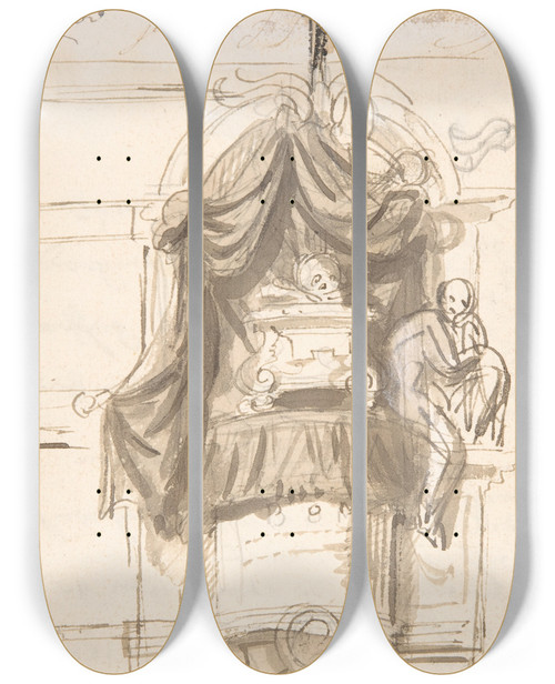 Triptych art skateboard deck of Pieter Verbruggen The Younger Design For A Sepulchral Monument In The Form Of A Pulpit by Pieter Verbruggen The Younger (1648-1691)
