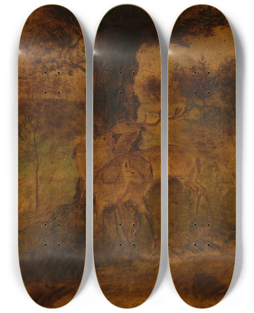 Triptych art skateboard deck of Albert Pinkham Ryder A Stag And Two Does by Albert Pinkham Ryder (1847-1917)